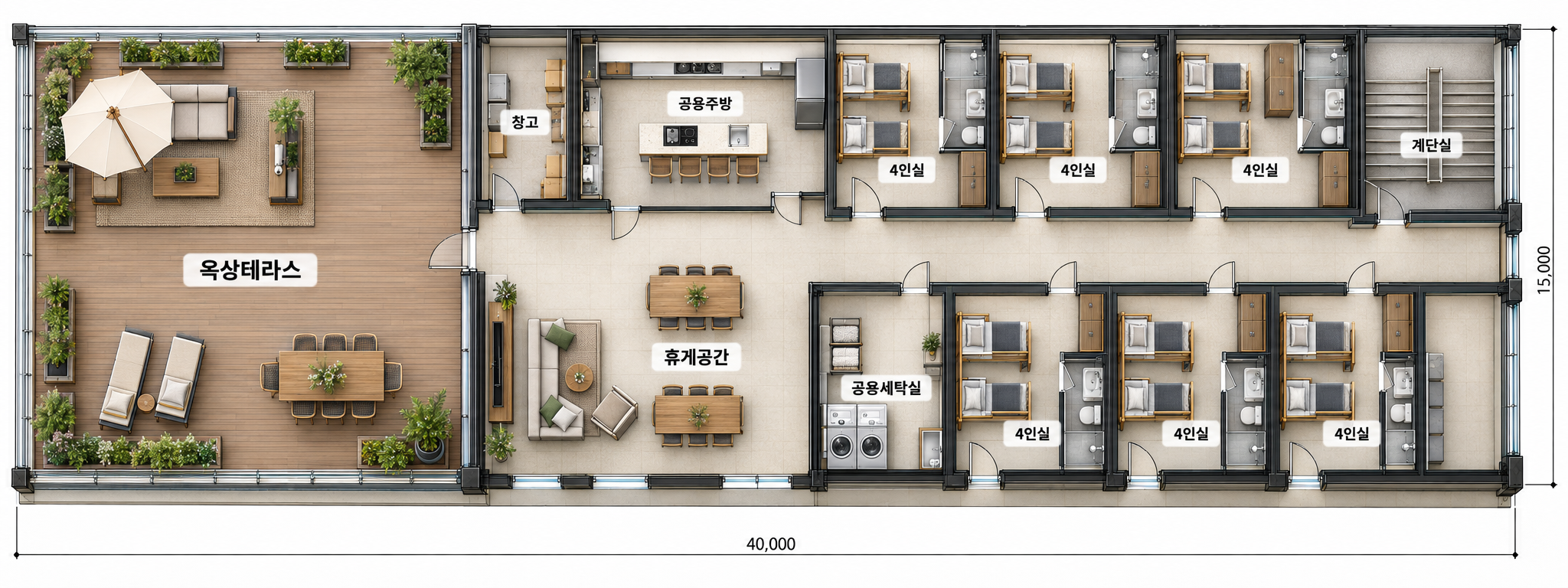 옥상테라스와 공용공간을 포함한 관리시설 2층 평면도